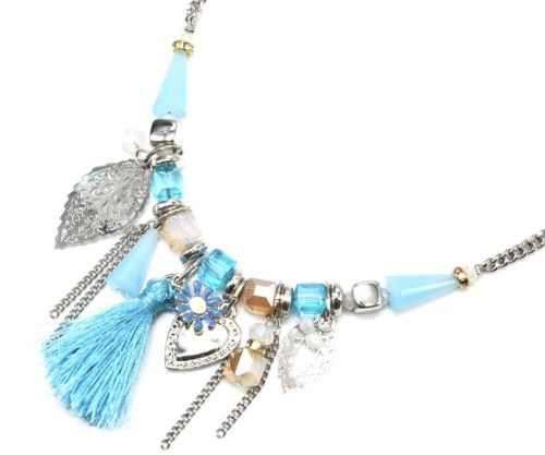 Collier-Chaine-Metal-Argente-avec-Pierres-Feuilles-Coeur-et-Pompon-Bleu-Turquoise