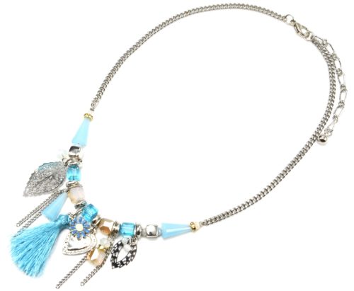 Collier-Chaine-Metal-Argente-avec-Pierres-Feuilles-Coeur-et-Pompon-Bleu-Turquoise