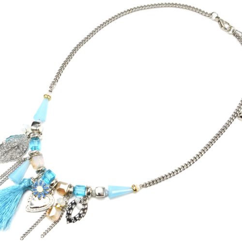 Collier-Chaine-Metal-Argente-avec-Pierres-Feuilles-Coeur-et-Pompon-Bleu-Turquoise