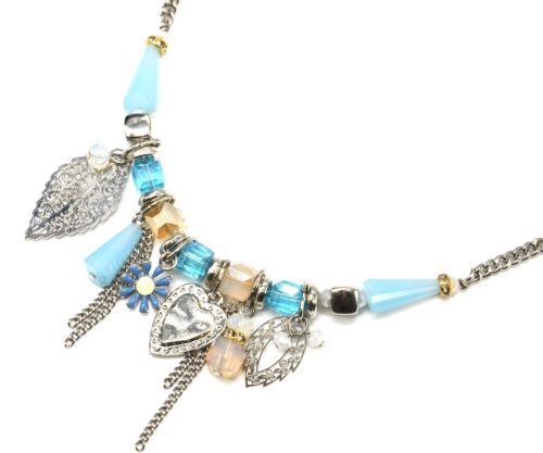 Collier-Chaine-Metal-Argente-avec-Pierres-Bleu-Turquoise-Feuilles-et-Coeur