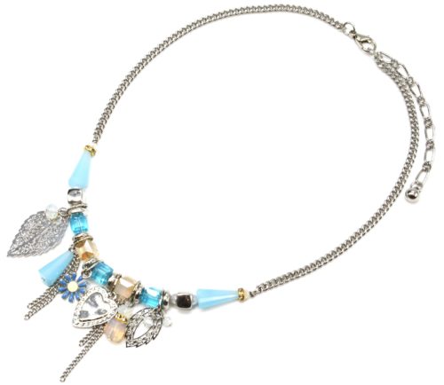 Collier-Chaine-Metal-Argente-avec-Pierres-Bleu-Turquoise-Feuilles-et-Coeur