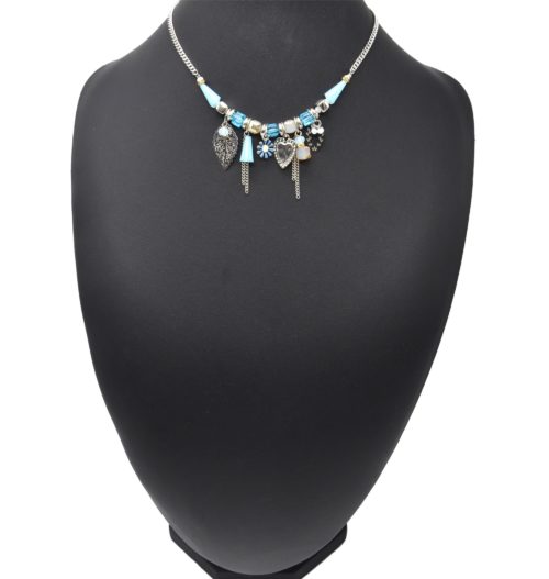 Collier-Chaine-Metal-Argente-avec-Pierres-Bleu-Turquoise-Feuilles-et-Coeur