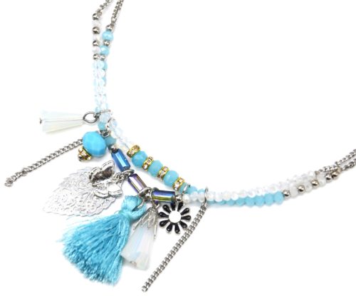 Collier-Double-Chaines-Metal-Argente-avec-Pierres-Charms-et-Pompon-Bleu-Turquoise