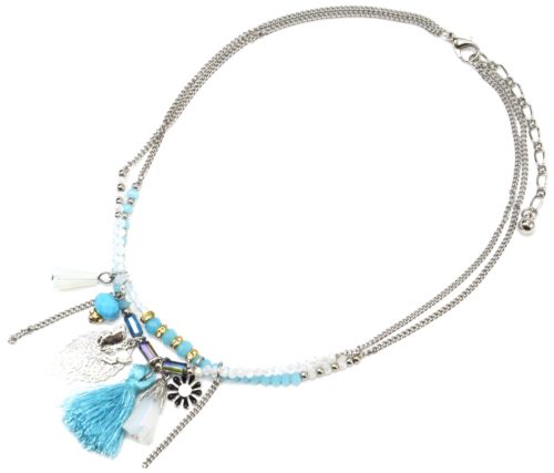 Collier-Double-Chaines-Metal-Argente-avec-Pierres-Charms-et-Pompon-Bleu-Turquoise