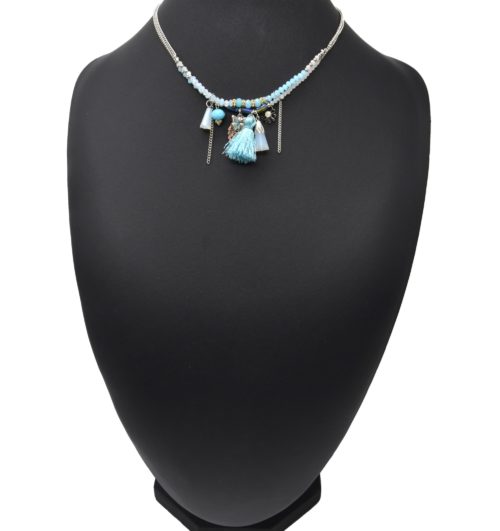 Collier-Double-Chaines-Metal-Argente-avec-Pierres-Charms-et-Pompon-Bleu-Turquoise