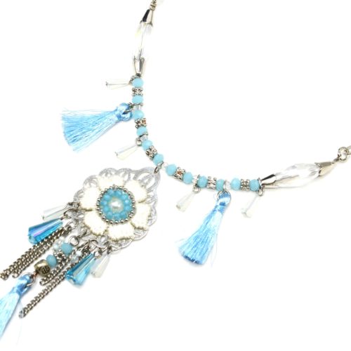 Collier-Chaine-Maillons-Metal-Argente-avec-Pierres-Charm-Fleur-et-Pompons-Bleu-Turquoise