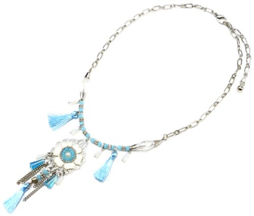 Collier-Chaine-Maillons-Metal-Argente-avec-Pierres-Charm-Fleur-et-Pompons-Bleu-Turquoise