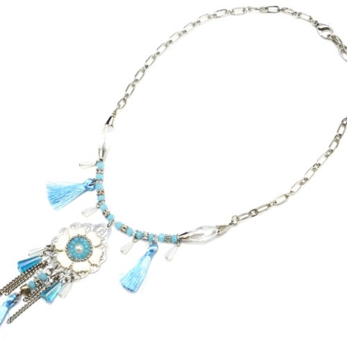 Collier-Chaine-Maillons-Metal-Argente-avec-Pierres-Charm-Fleur-et-Pompons-Bleu-Turquoise