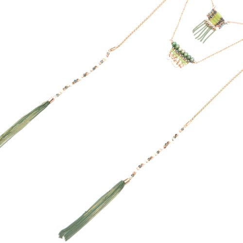 Collier-Multi-Rangs-avec-Pendentifs-Pierres-Perles-Vert-et-Pompons-Chaines-Pendantes