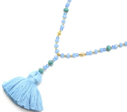 Sautoir-Collier-Perles-Brillantes-Bleu-Dore-avec-Pendentif-Y-Pompon-Fils