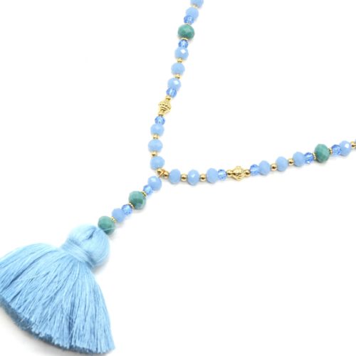 Sautoir-Collier-Perles-Brillantes-Bleu-Dore-avec-Pendentif-Y-Pompon-Fils