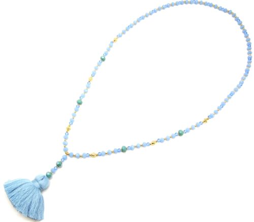 Sautoir-Collier-Perles-Brillantes-Bleu-Dore-avec-Pendentif-Y-Pompon-Fils
