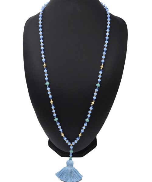 Sautoir-Collier-Perles-Brillantes-Bleu-Dore-avec-Pendentif-Y-Pompon-Fils