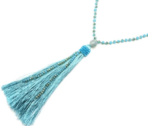 Sautoir-Collier-Mini-Perles-Brillantes-avec-Pendentif-Boule-et-Pompon-Fils-Bleu