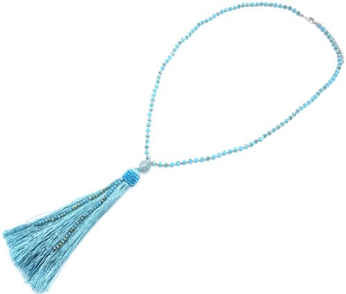 Sautoir-Collier-Mini-Perles-Brillantes-avec-Pendentif-Boule-et-Pompon-Fils-Bleu