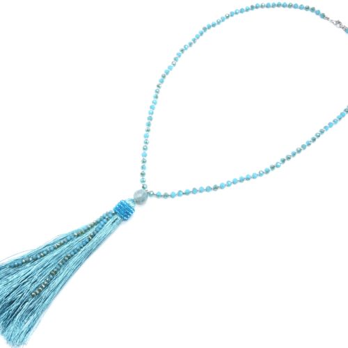 Sautoir-Collier-Mini-Perles-Brillantes-avec-Pendentif-Boule-et-Pompon-Fils-Bleu
