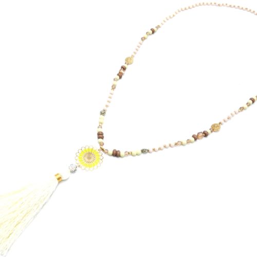 Sautoir-Collier-Mini-Perles-Brillantes-avec-Rosace-Metal-Dore-Boule-Strass-et-Pompon-Ecru
