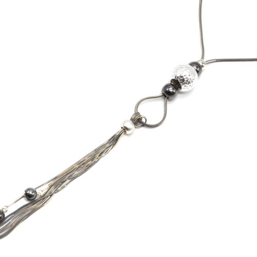 Sautoir-Collier-avec-Pendentif-Y-Multi-Boules-et-Pompon-Chaines-Metal-Gris-Argente