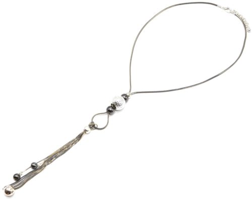 Sautoir-Collier-avec-Pendentif-Y-Multi-Boules-et-Pompon-Chaines-Metal-Gris-Argente