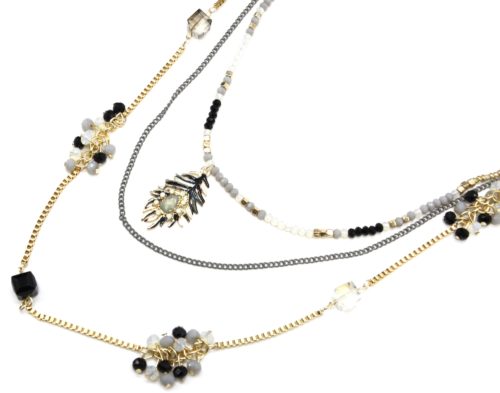 Sautoir-Collier-Multi-Chaines-Metal-avec-Mini-Perles-et-Plume-Noir-Gris