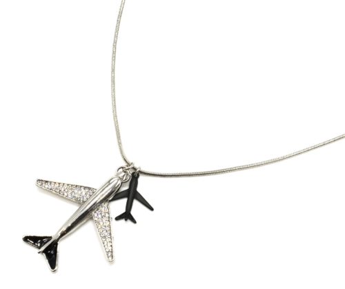 Sautoir-Collier-Pendentif-Double-Avions-Strass-Metal-Argente-Noir