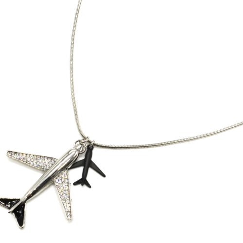 Sautoir-Collier-Pendentif-Double-Avions-Strass-Metal-Argente-Noir