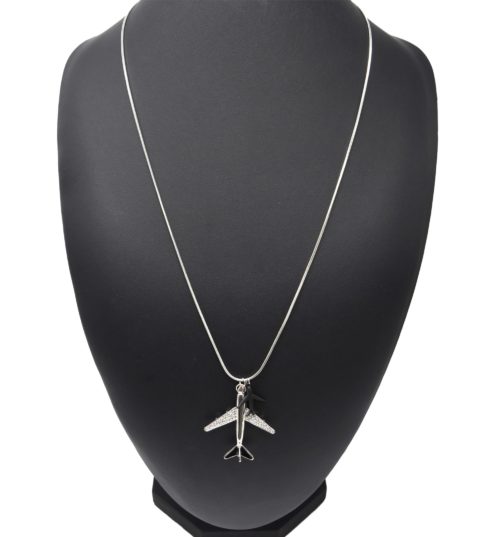 Sautoir-Collier-Pendentif-Double-Avions-Strass-Metal-Argente-Noir