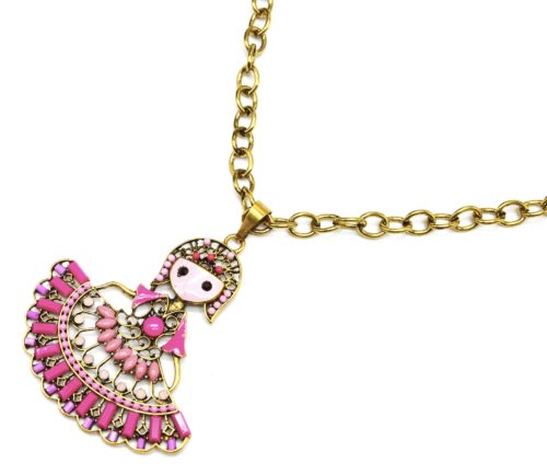 Sautoir-Collier-Grosse-Chaine-et-Pendentif-Poupee-Danseuse-Pierres-Rose-Metal-Dore