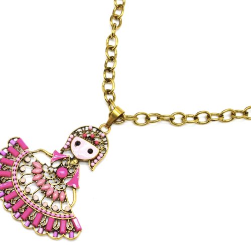 Sautoir-Collier-Grosse-Chaine-et-Pendentif-Poupee-Danseuse-Pierres-Rose-Metal-Dore