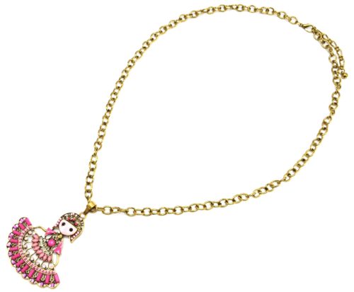 Sautoir-Collier-Grosse-Chaine-et-Pendentif-Poupee-Danseuse-Pierres-Rose-Metal-Dore