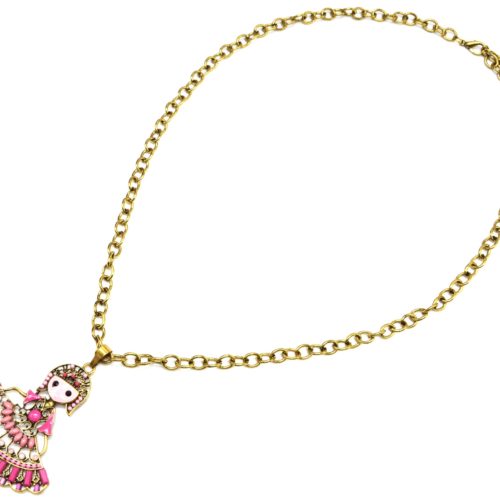 Sautoir-Collier-Grosse-Chaine-et-Pendentif-Poupee-Danseuse-Pierres-Rose-Metal-Dore