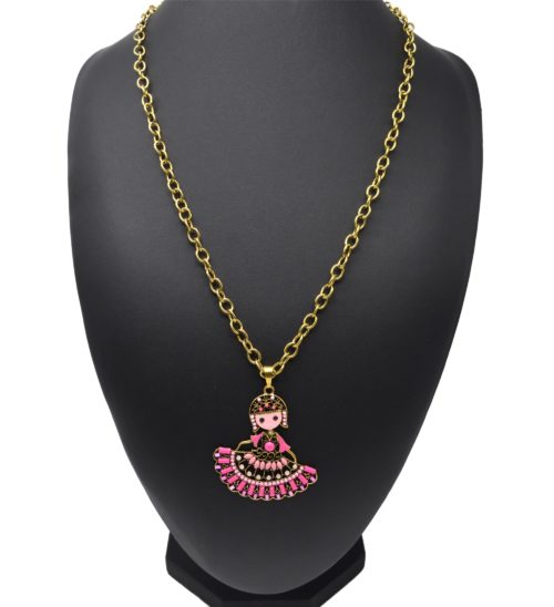 Sautoir-Collier-Grosse-Chaine-et-Pendentif-Poupee-Danseuse-Pierres-Rose-Metal-Dore