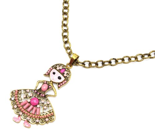 Sautoir-Collier-Grosse-Chaine-et-Pendentif-Poupee-Robe-Pierres-Rose-Metal-Dore