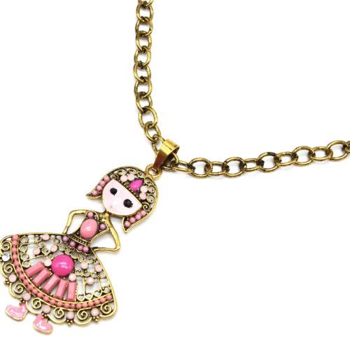 Sautoir-Collier-Grosse-Chaine-et-Pendentif-Poupee-Robe-Pierres-Rose-Metal-Dore