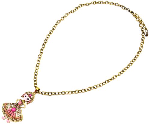 Sautoir-Collier-Grosse-Chaine-et-Pendentif-Poupee-Robe-Pierres-Rose-Metal-Dore