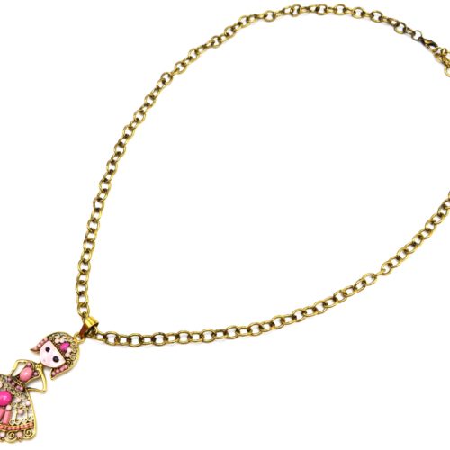 Sautoir-Collier-Grosse-Chaine-et-Pendentif-Poupee-Robe-Pierres-Rose-Metal-Dore