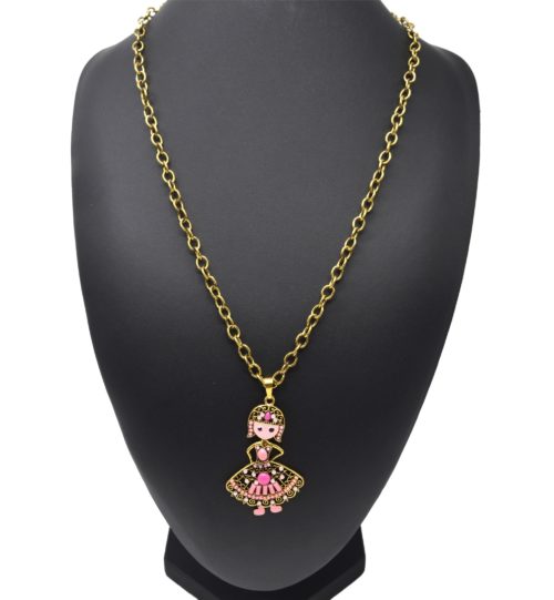 Sautoir-Collier-Grosse-Chaine-et-Pendentif-Poupee-Robe-Pierres-Rose-Metal-Dore
