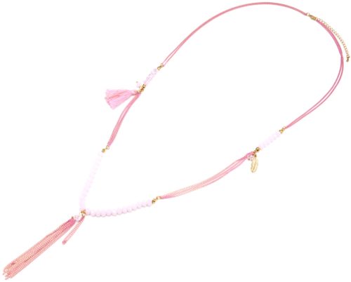Sautoir-Collier-Multi-Chaines-Metal-avec-Perles-Plume-et-Pompon-Rose