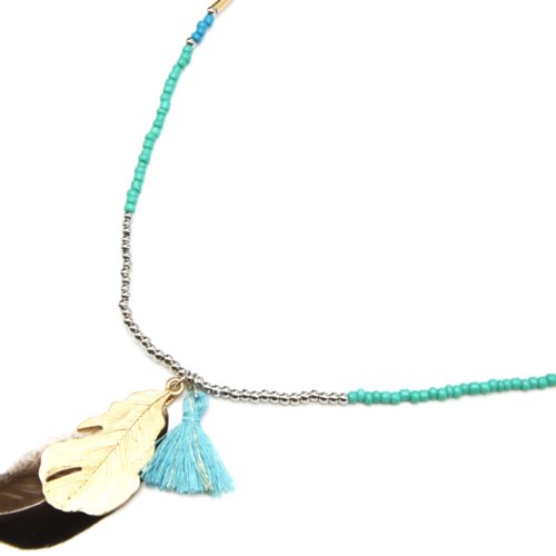 Sautoir-Collier-Mini-Perles-Rocaille-avec-Plume-Metal-Dore-et-Pompon-Vert