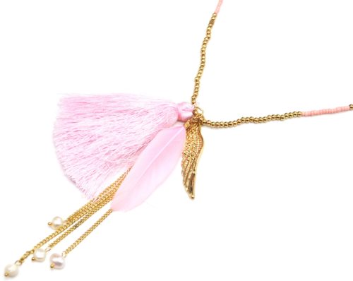 Sautoir-Collier-Mini-Perles-Rocaille-avec-Aile-Metal-Dore-Plume-et-Pompon-Rose