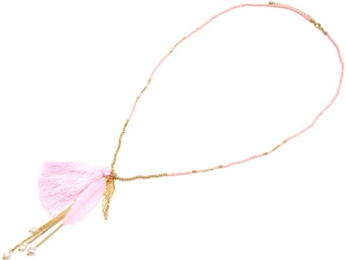 Sautoir-Collier-Mini-Perles-Rocaille-avec-Aile-Metal-Dore-Plume-et-Pompon-Rose