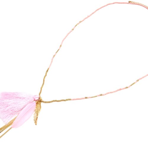 Sautoir-Collier-Mini-Perles-Rocaille-avec-Aile-Metal-Dore-Plume-et-Pompon-Rose