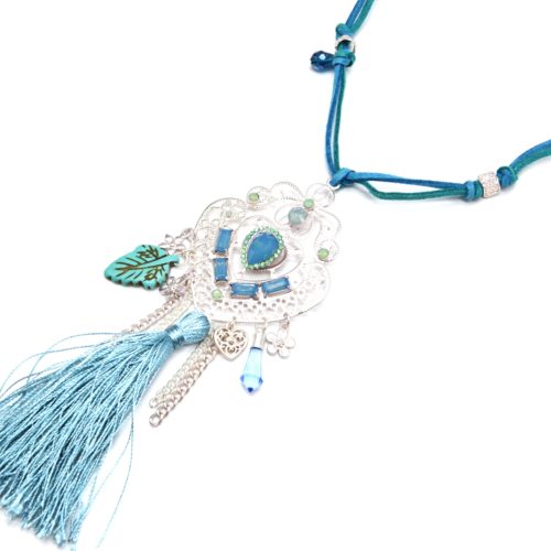 Sautoir-Collier-Cordons-avec-Pendentif-Metal-Ajoure-Argente-Mat-Charms-et-Pompon-Bleu