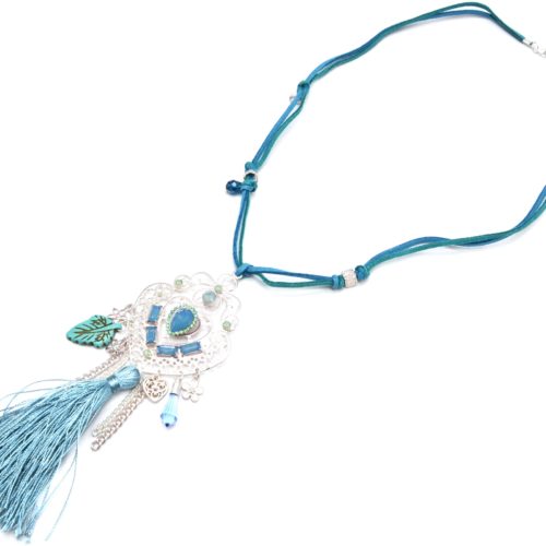 Sautoir-Collier-Cordons-avec-Pendentif-Metal-Ajoure-Argente-Mat-Charms-et-Pompon-Bleu