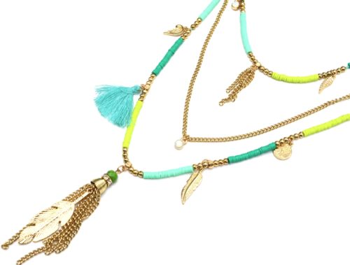 Sautoir-Collier-Multi-Chaines-avec-Pieces-Vert-Charms-et-Plume-Metal-Dore