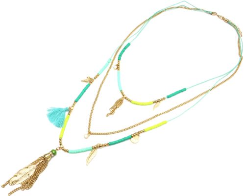 Sautoir-Collier-Multi-Chaines-avec-Pieces-Vert-Charms-et-Plume-Metal-Dore