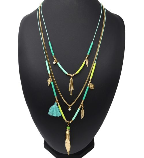 Sautoir-Collier-Multi-Chaines-avec-Pieces-Vert-Charms-et-Plume-Metal-Dore