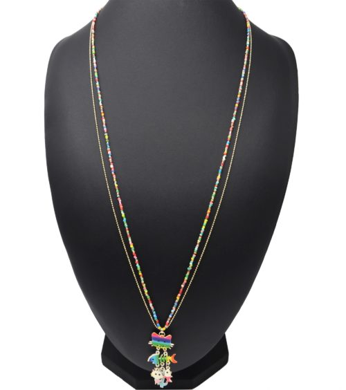 Sautoir-Collier-Mini-Perles-Rocaille-Multicolore-avec-Pendentif-Chat-et-Poissons-Email