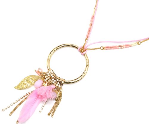 Sautoir-Collier-Pendentif-Y-Cercle-Metal-Dore-avec-Multi-Charms-et-Plume-Rose