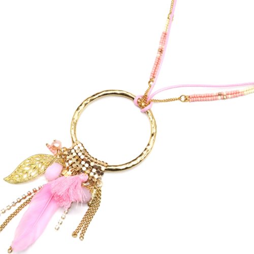 Sautoir-Collier-Pendentif-Y-Cercle-Metal-Dore-avec-Multi-Charms-et-Plume-Rose